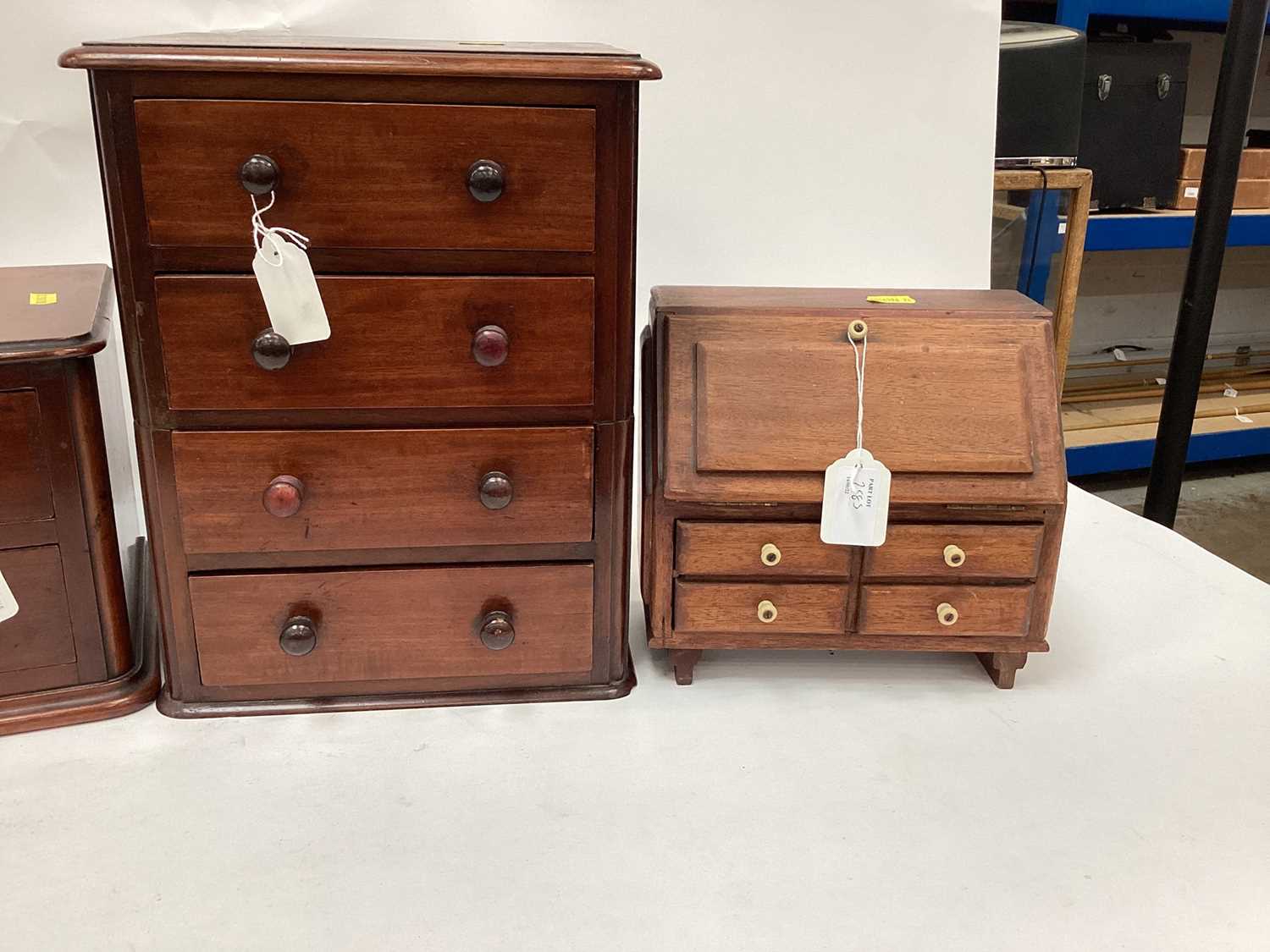 Three miniature mahogany chests of drawers and a miniature bureau - Image 3 of 8