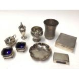 Group silver to include cigarette box, cruet set, Eastern white metal beaker and other items