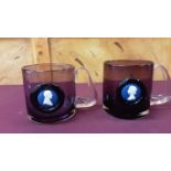 Pair of Wedgwood amethyst glass tankards set with Wedgwood jasperware panels commemorating the Silve