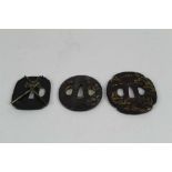 Japanese bronze tsuba with later soldered stand to reverse together with two other bronze tsuba's (3