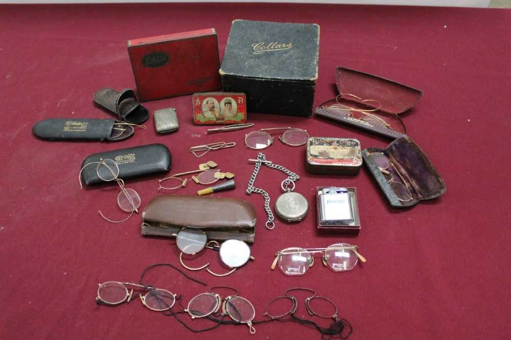 Collection of vintage spectacles, some in cases, together with a silver open faced pocket watch and