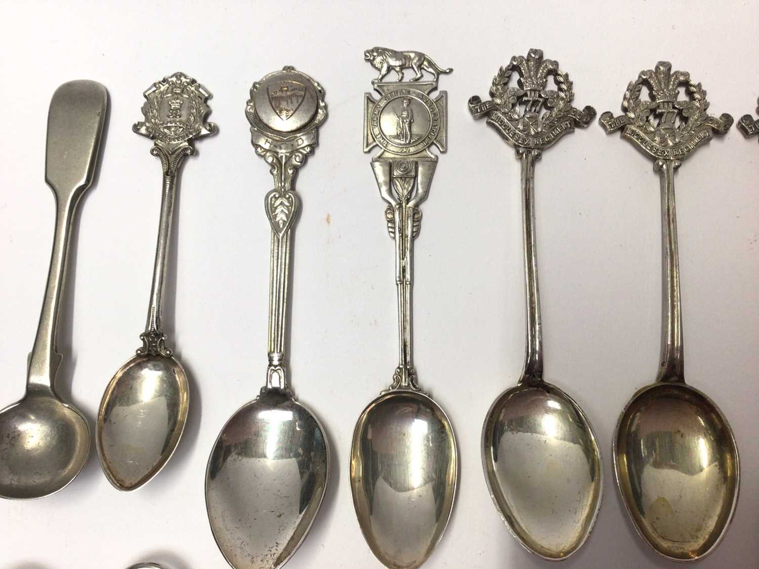 Collection of silver and plated military related teaspoons, WWII pocket watch, chain, silver fobs et - Image 2 of 6