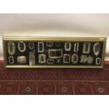 Display case of mainly antique silver and white metal buckles.