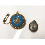 Victorian yellow metal pearl, diamond and turquoise enamel pendant/brooch and locket (2)