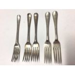 Two Victorian silver forks, (Edinburgh 1873), together with three other silver forks (various dates