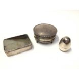 Silver jewellery box, silver egg shaped ring box and white metal box with carved mother of pearl ins