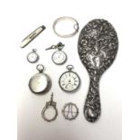 Four silver cased pocket watches, silver bangle, two silver pendant/ brooch mounts and silver mirror