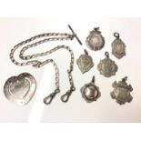 Silver watch chain, group silver and plated fobs and silver bookmark