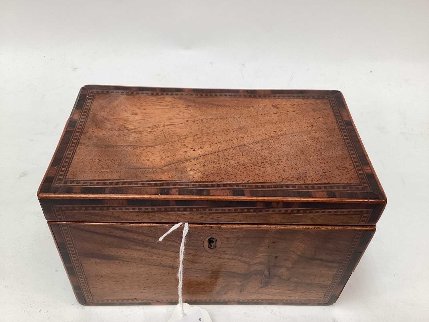 Victorian walnut tea caddy with banded decoration to edges, two-division interior, 18cm wide - Image 3 of 8