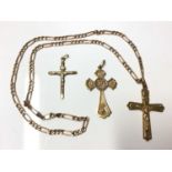 9ct gold link chain and three 9ct gold cross/crucifix pendants