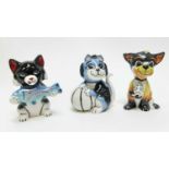 Three Lorna Bailey models - Cat with fish, Cat with mouse and Cat with beach ball