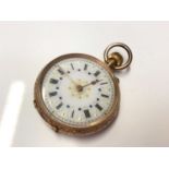 Late 19th century Continental 14ct gold fob watch in engraved case, 3.5cm in diameter