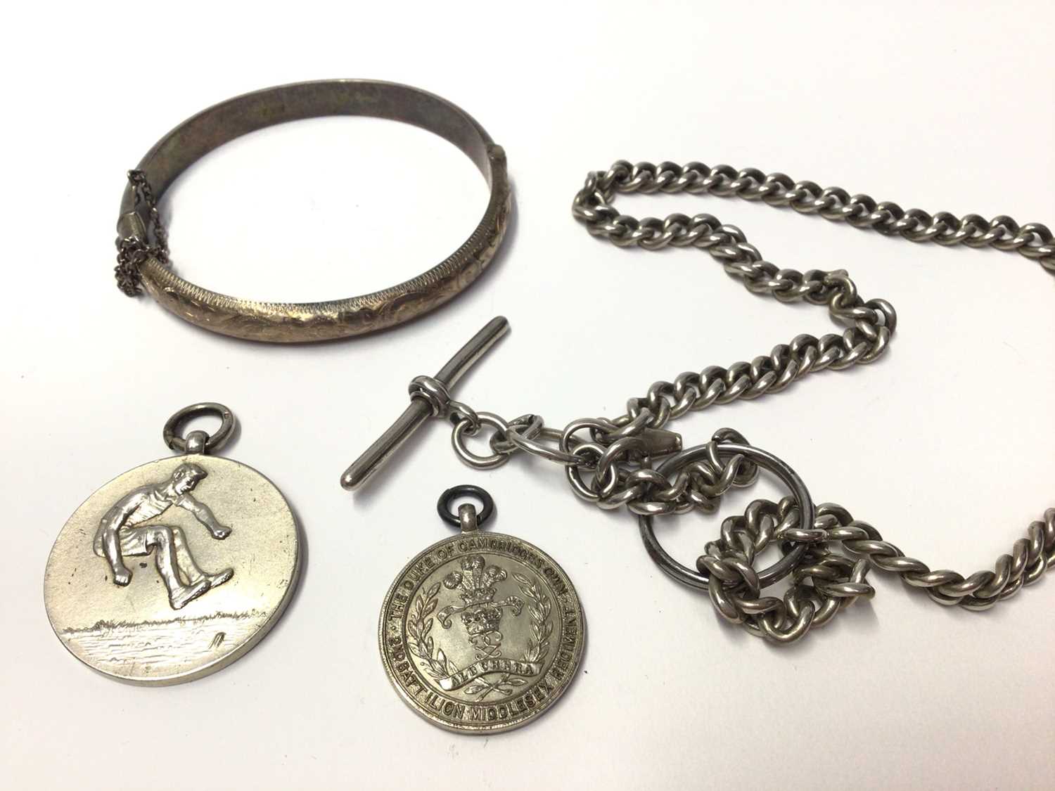 Collection of silver and plated military related teaspoons, WWII pocket watch, chain, silver fobs et - Image 6 of 6
