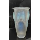Rene Lalique Ceylan pattern opalescent glass vase, moulded with parakeets on branches, 24cm high