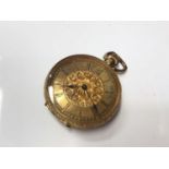 Late 19th century Continental 18k gold fob watch in engraved case, 3.5cm in diameter