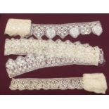 Box of lace including bobbin lace large fall cap, Maltese lace lengths and other items, bobbin lace
