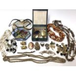 Victorian gilt metal guard chain, cameo brooch and other costume jewellery