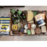 Collection of four vintage Castrol oil jugs, together with two AA badges, Duckhams oil can and other