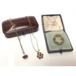Edwardian gold seed pearl brooch and two 9ct gold chains with gem set pendants