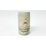 Clarice Cliff cylindrical vase with ribbed body, decorated with flowers and trees