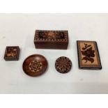 Five pieces of Tunbridgeware, 19th/20th century, including three boxes, a purse and a dish