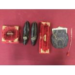 Vintage items including Edwardian black shoes, Art Deco steel bead evening bag, two antique red velv