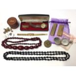 Simulated cherry amber bead necklace, other jewellery, watches, coin penknife, Dunhill gold plated l