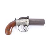 Good quality Victorian percussion pepperbox revolver with six fluted barrels, Birmingham Proofs, flo