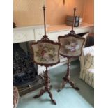 Rare pair of Victorian walnut pole screens, each with shaped foliate inlaid glazed banner rising on