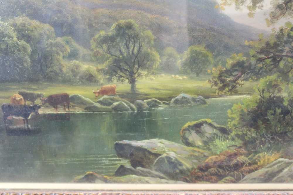 Thomas Spinks (1847 - 1927), oil on canvas, A hilly river landscape with cattle watering in the fo - Bild 7 aus 14