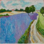 *John Hanbury Pawle (1915-2010) oil on board - Lavender field with country lane, signed, 61cm x 61cm