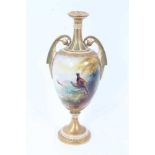 Royal Worcester twin-handled vase, hand painted with pheasants and signed A Lewis, dated code for 19