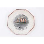 Childs pearlware plate, printed and painted with The Great Western Steamship, circa 1855