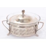 Asprey silver three handled butter dish with clear glass liner