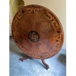 Good Victorian figured walnut and floral marquetry inlaid circular dining table, circular tilt top c