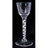18th century wine glass with plain bowl, double opaque twist stem on splayed foot 15cm