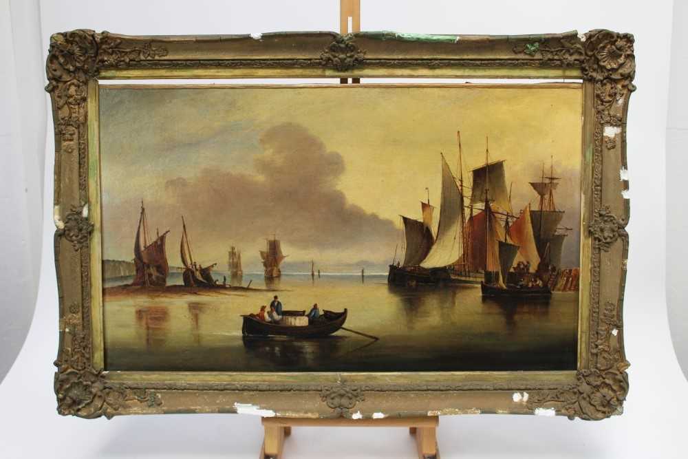 Early 19th century oil on canvas - shipping at anchor, apparently unsigned, 42cm x 71cm, in gilt fra - Bild 2 aus 8