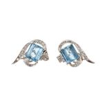 Pair of aquamarine and diamond earrings, each with a rectangular step cut aquamarine measuring appro