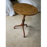Edwardian satinwood and painted wine table, with circular painted top on carved column and downswept