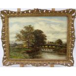 James Orock (1829-1913) oil on panel, figures on a bridge in rural landscape, signed and dated 1883,