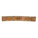 Gold bracelet with seven gold full sovereigns in gold setting.