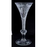 Georgian-style wine glass with vine engraved decoration on air twist and knopped stem, ale flute wit