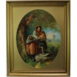 English School, mid 19th Century, oil on painted oval canvas, A shepherdess and her daughter, initia