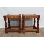 Pair of oak and woven leather stools, by David Langstaff in the Mouseman tradition