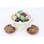 Collection specimen stone and wooden eggs and pair of ammonites