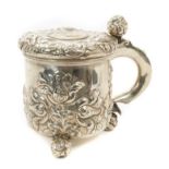 Large Antique Scandinavian white metal lidded tankard with engraved date 1714.