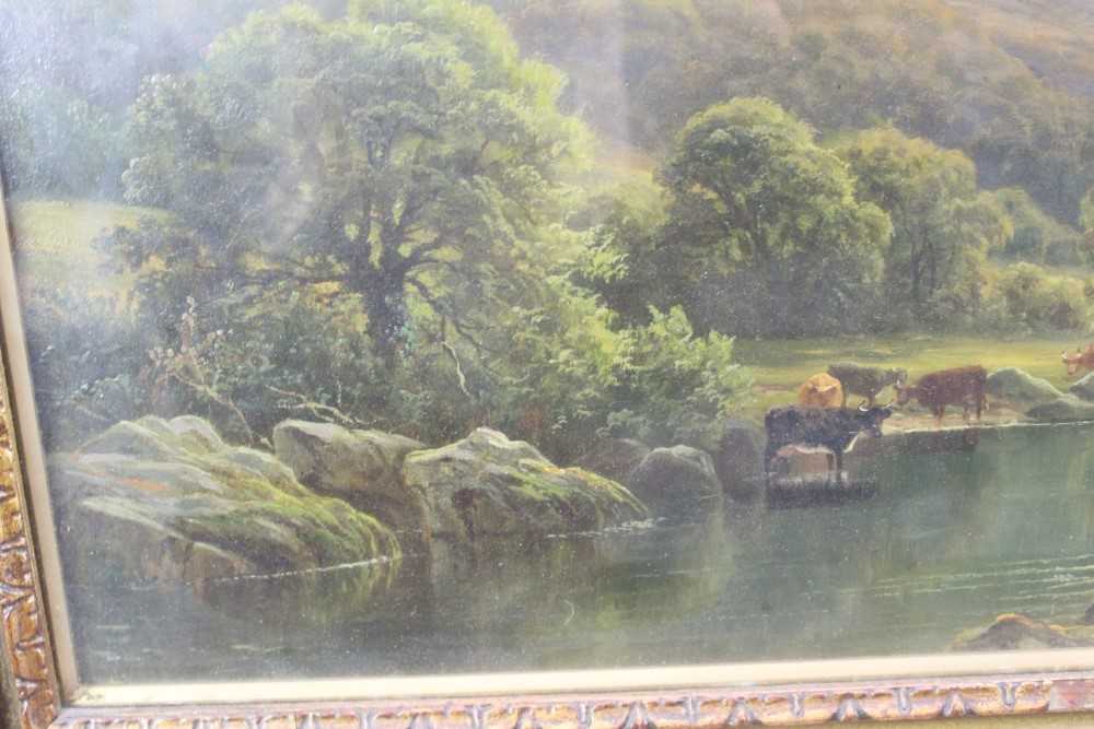 Thomas Spinks (1847 - 1927), oil on canvas, A hilly river landscape with cattle watering in the fo - Bild 8 aus 14