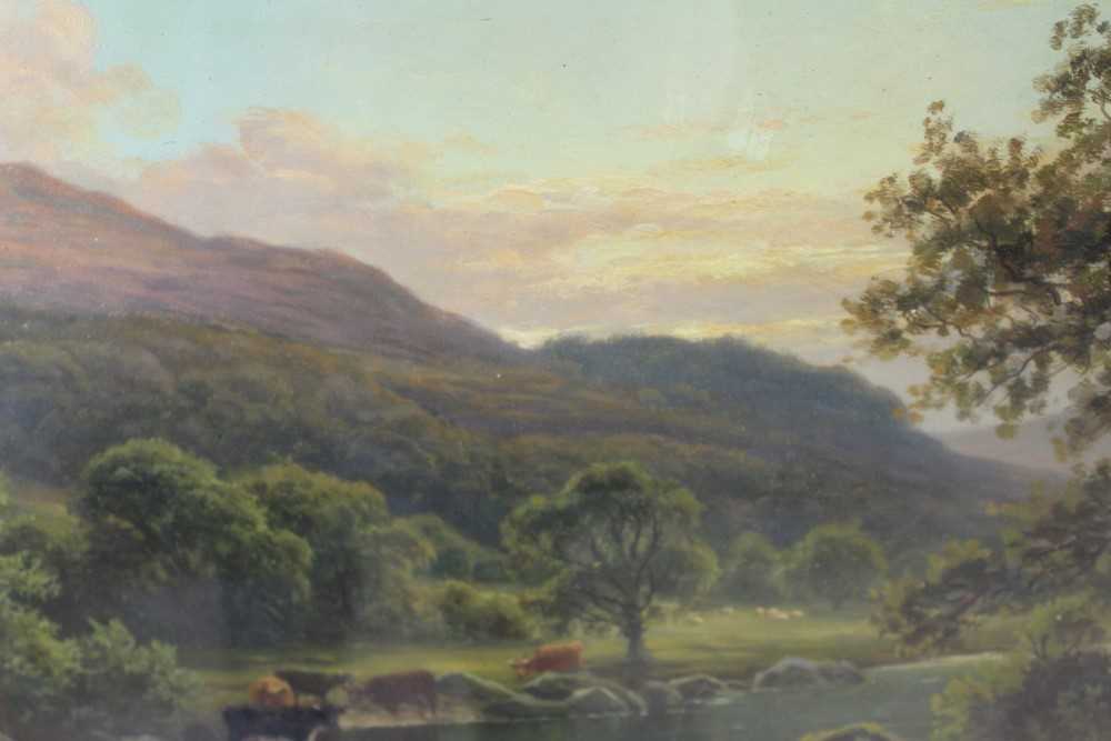 Thomas Spinks (1847 - 1927), oil on canvas, A hilly river landscape with cattle watering in the fo - Bild 12 aus 14