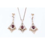9ct gold and garnet pendant necklace and earrings