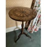 19th century parquetry inlaid fruitwood wine table, with circular top on ring turned column and hipp